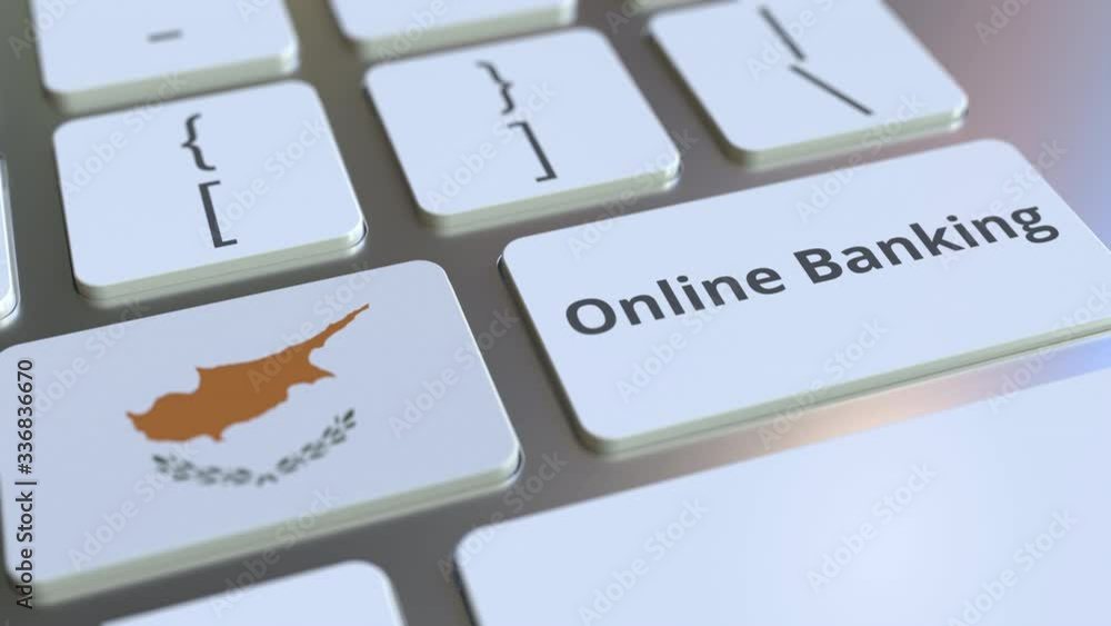 Poster online banking text and flag of cyprus on the keyboard. internet finance related conceptual 3d anima