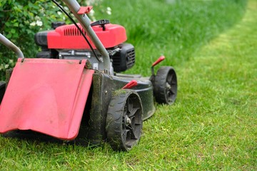 Working lawn mower on green lawn with trimmed grass