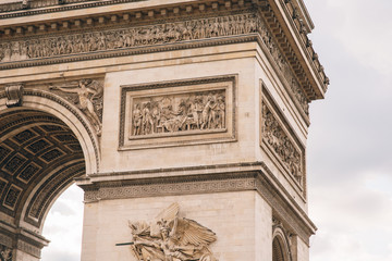 Architectural fragment of Arc de Triomphe. Arc de Triomphe de l'Etoile on Charles de Gaulle Place is one of the most famous monuments in Paris.