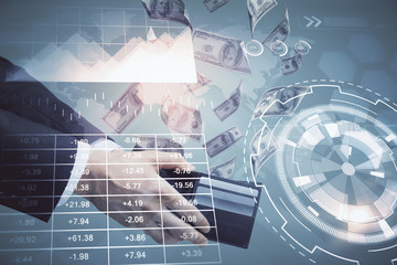 Multi exposure of financial graph drawing hologram and USA dollars bills and man hands. Analysis concept.