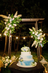 night wedding ceremony, the arch is decorated with flowers, candles and garlands of light bulbs and there is a wedding cake on the table
