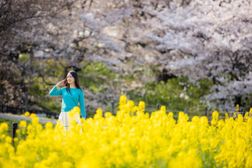 女性と桜