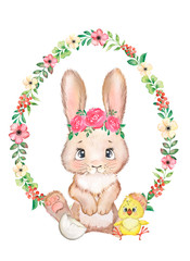 Watercolor card with easter bunny and chicken.