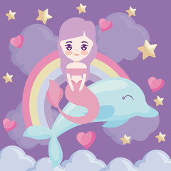 cute mermaid with with dolphin and rainbow