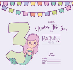 card with cute mermaid and number three