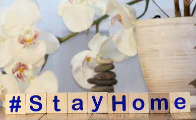 Stay home, stayhome, popular slogan and hashtag about coronavirus COVID-19 quarantine, text on...