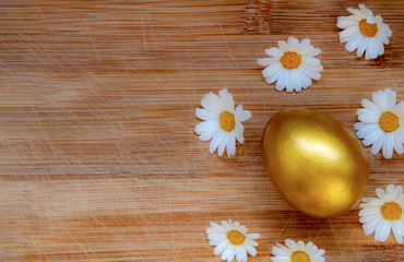 Ester golden egg and daisies on wooden rustic table.