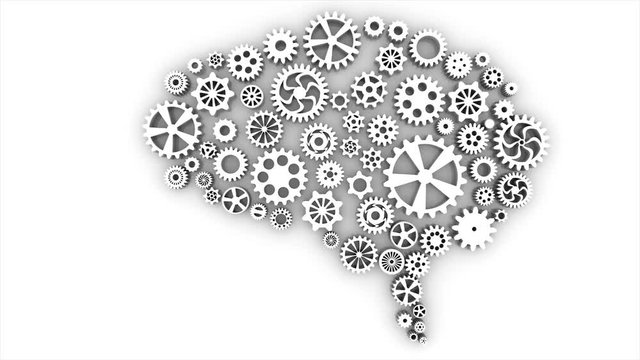 Minimal motion design animation at white background. Brain creating new ideas, concept of cogs, gears spinning animation