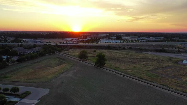 Aerial Shot of the Fresno California Landscape at Sunset