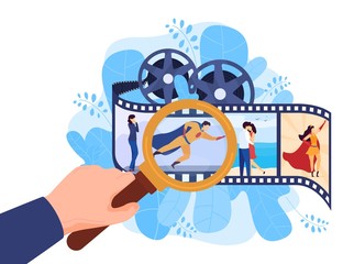 Various films: superhero, romantic movie, action cinema concept, isolated on white, flat vector illustration. Actors play role, review cinematography, hand holding magnifying glass. Web design.