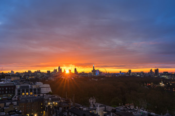 London city stunning colorful sunrise, high vantage point of view 