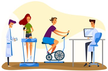 Character doctor and patient, male physician, female perform medical exercises, woman stationary bike, treadmill, isolated on white, flat vector illustration. Design for web banner, website.