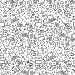Social media doodles seamless pattern. Computer technology hand drawn icons on white background. Vector illustration.