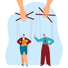 Character business, office people, male, female, control business worker by managing puppet, isolated on white, flat vector illustration. Woman with case, bag argue man, boss, inferior.