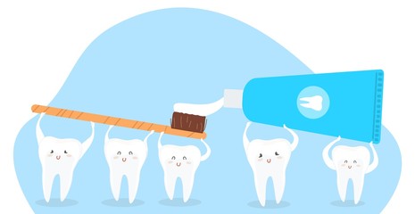 Character funny tooth, toothbrush with paste, isolated on white, flat vector illustration. Protection oral cavity, mouth, design web banner. Healthcare, dental care, modern stomatological.