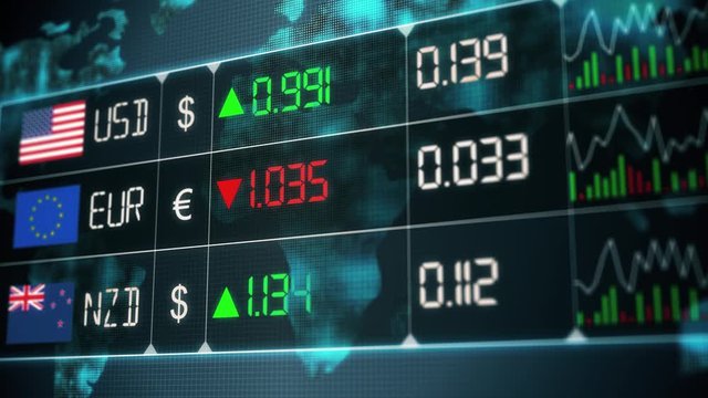 Evolution of New Zealand dollar, Euro, US dollar currencies with up and downs. Currency market with green and red digital animation of prices in the world, with financial and ecomonic crisis - 4K anim