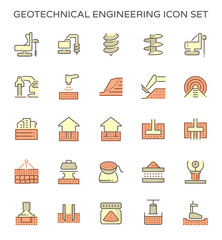 Geotechnical engineering, geotechnics and geology vector icon with machine equipment i.e. earth auger drill core bit, rig. Include survey, soil sample, laboratory test analysis for road, foundation.