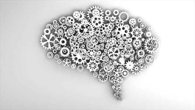 Brain concept of cogs and gears spinning animation. Human artificial intelligence. Alpha channel.