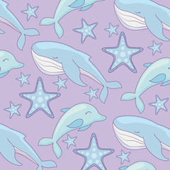 pattern of cute whale with dolphin and starfishes