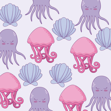 pattern of cute jellyfish and octopus with seashell