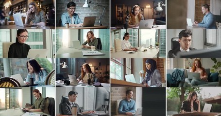 Collage of diverse people using laptops. Successful business people working on computers. Young students finishing their projects for online education - diversity, communication concept 4k footage - Powered by Adobe