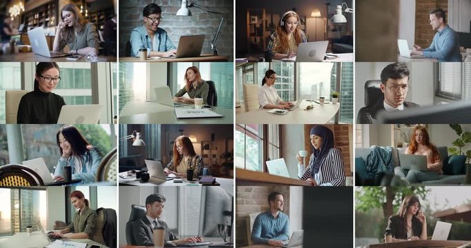 Collage of diverse people using laptops. Successful business people working on computers. Young students finishing their projects for online education - diversity, communication concept 4k footage