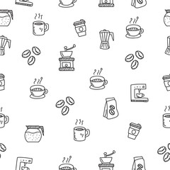Coffee seamless doodle pattern in cute hand drawn style suitable for background 