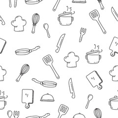 Cute utensils seamless doodle pattern in hand drawn style suitable for background 