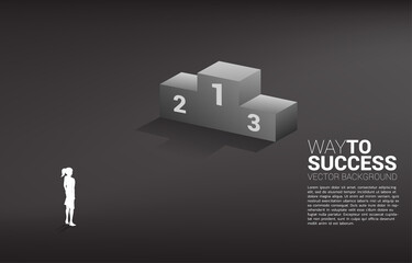 Silhouette of businesswoman standing with podium. Business Concept of winner and success