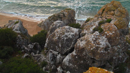 Fototapeta premium A rock covered with moss on the seashore. Crimean peninsula.