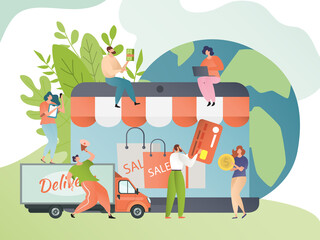 Obraz premium Online shopping vector illustration. Shopper order delivery. Internet shop delivering concept. People buy product on sale though mobile phone application and computer by card. Transportation truck.