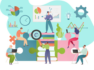 Fototapeta premium Professional training vector illustration. Business education concept. Trainer person show presentation. Trainee people cartoon characters listen seminar. Businessmen learning in office with graph.