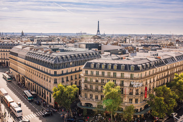 View of Paris from the top of the Lafayette Osman Gallery, with Japanese retailer Uniqlo store and the famous Eiffel tower in the background