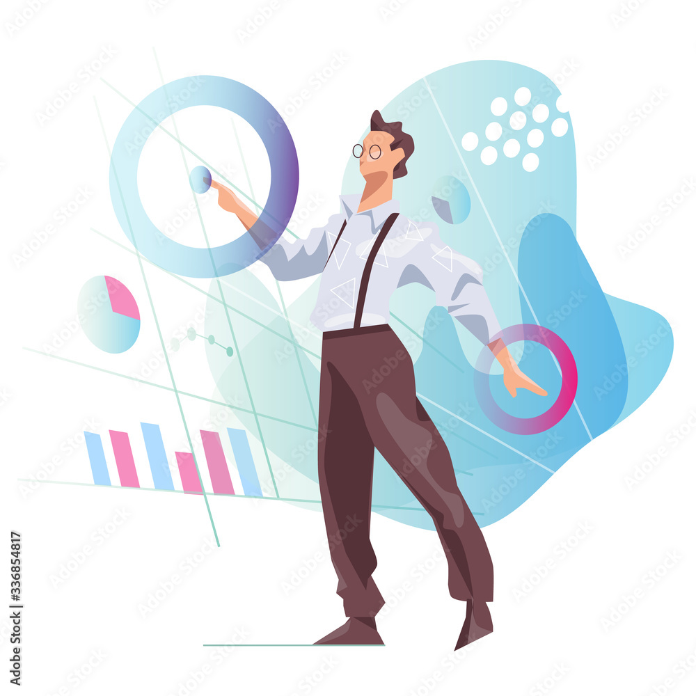 Poster data scientist looking and interacting with virtual dashboard to analyze data in chart and statictic