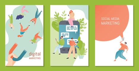 Social media, digital marketing vector illustration. Marketeer attract people cartoon characters with magnet. Marketing strategy concept banner. Man, woman with mobile phone send messages in internet.
