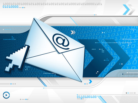 Vector design of an email envelope with a 3D pixelated computer mouse cursor on a blue, white and grey dynamic abstract background with binary code, arrows, lines, dots and gradient shapes.