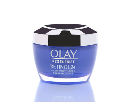IRVINE, CALIFORNIA - 8 APRIL 2020: A jar of Olay Regenerist Retinol24 night moisturizer face cream.