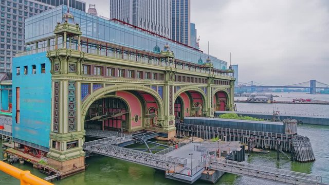 NEW YORK, USA - OCTOBER 2, 2018: Slip 5 Battery Maritime Building BMB during the gloomy weather. A ferry terminal at South Ferry on the southern tip of Manhattan Island.