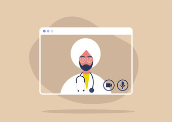 Online consultation with a male indian doctor, social distancing, coronavirus prevention