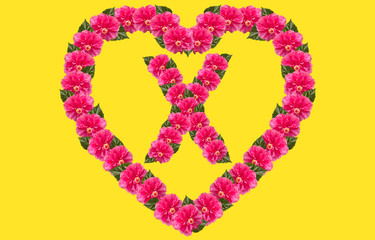 Alphabet X Design using Pink Hibiscus Flower and love shape on isolated Background. China Rose love shape letter.Double headed Pink Hibiscus font