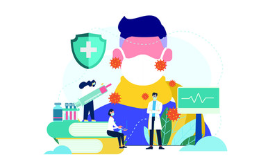 people who are sick with a fever wear a mask due to the corona virus with flat illustration