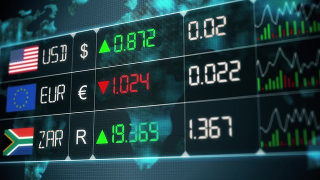 Evolution of South African rand, Euro, US dollar currencies with up and downs. Currency market with green and red digital animation of prices in the world, with financial and ecomonic crisis - 4K anim