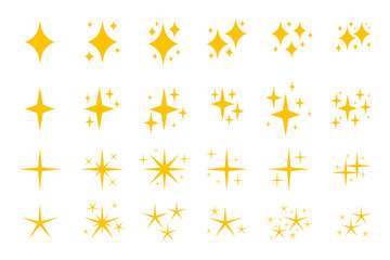 Yellow flat sparkles symbols icon set. Graphic element shiny flash. Decoration starry twinkle. Glitter bright different shape, burst firework glowing light effect.Isolated on white vector illustration