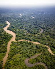 Aerial Oxbow lakes in Amazon rainforest