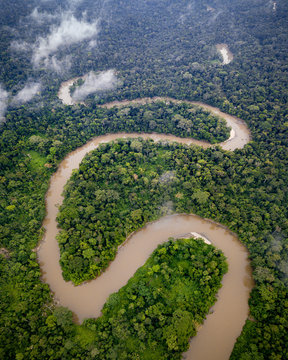 Aerial winding S bend river in Amazon rainforest