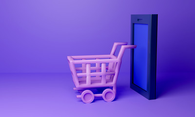 Pink shopping cart with mobile standing. Shopping concept. 3d render illustration.