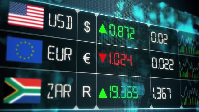 Evolution of currencies in the world market with up and downs of South African rand, Euro, US dollar. Currency market with green and red digital animation of prices in financial and ecomonic crisis - 