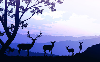 Herd of deer in the natural forest. Wild animals. Mountains horizon hills silhouettes of trees. Evening Sunrise and sunset. Landscape wallpaper. Illustration vector style. Colorful view background. 