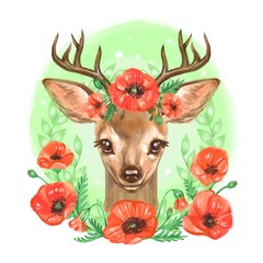 Obraz na płótnie Canvas Watercolor illustration. Cute fawn with flowers. Baby deer in a flower wreath .