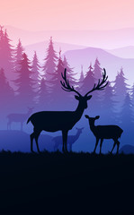 Herd of deer in the natural forest. Wild animals. Mountains horizon hills silhouettes of trees. Evening Sunrise and sunset. Landscape wallpaper. Illustration vector style. Colorful view background. 